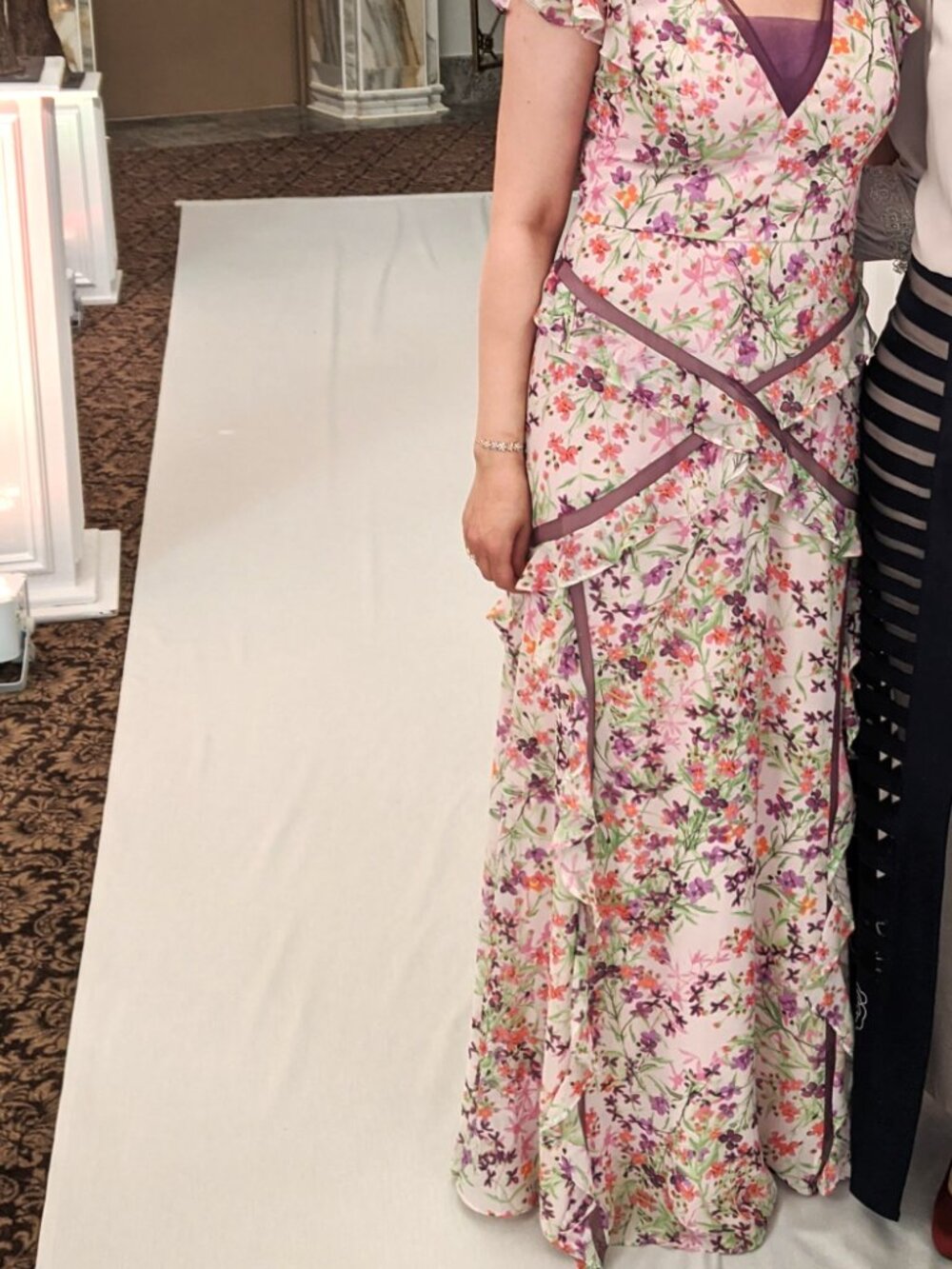 BCBGMaxAzria Floral Pink Purple Mesh/Ruffled Gown/Dress - Picture 3 of 7